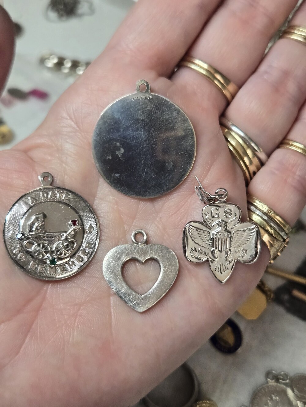 Sterling Silver Heart & Badge Charm Set - Silver